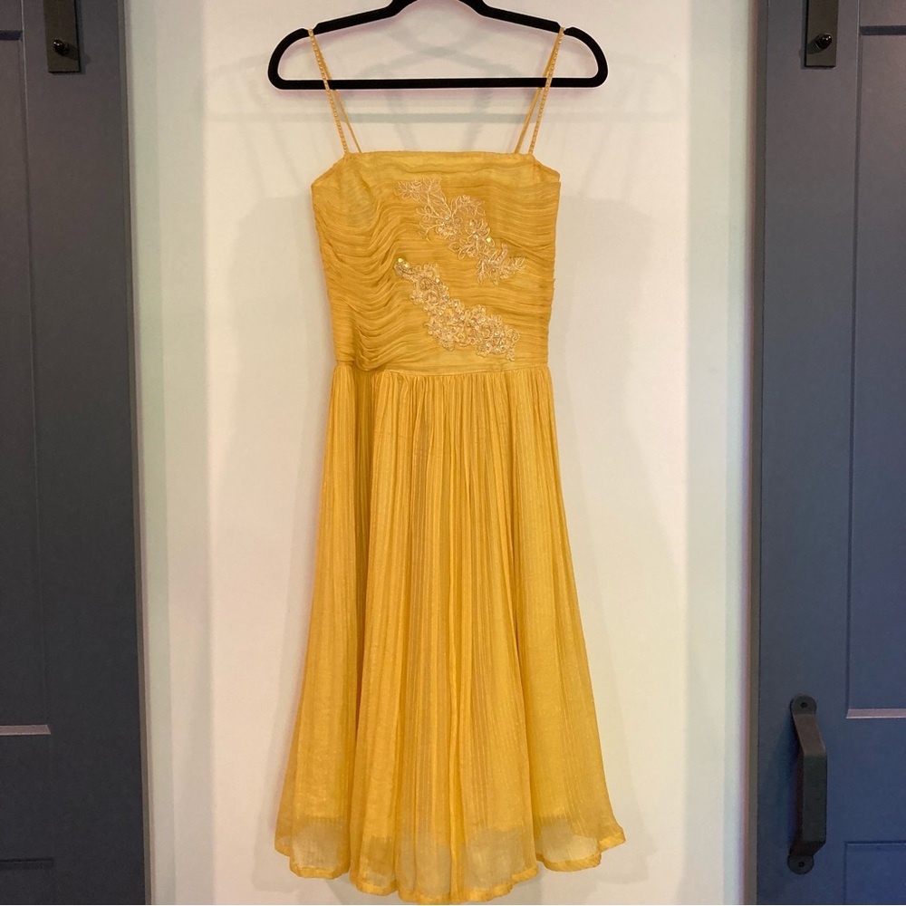 Yellow Midi Dress with Handstitched Embroidery